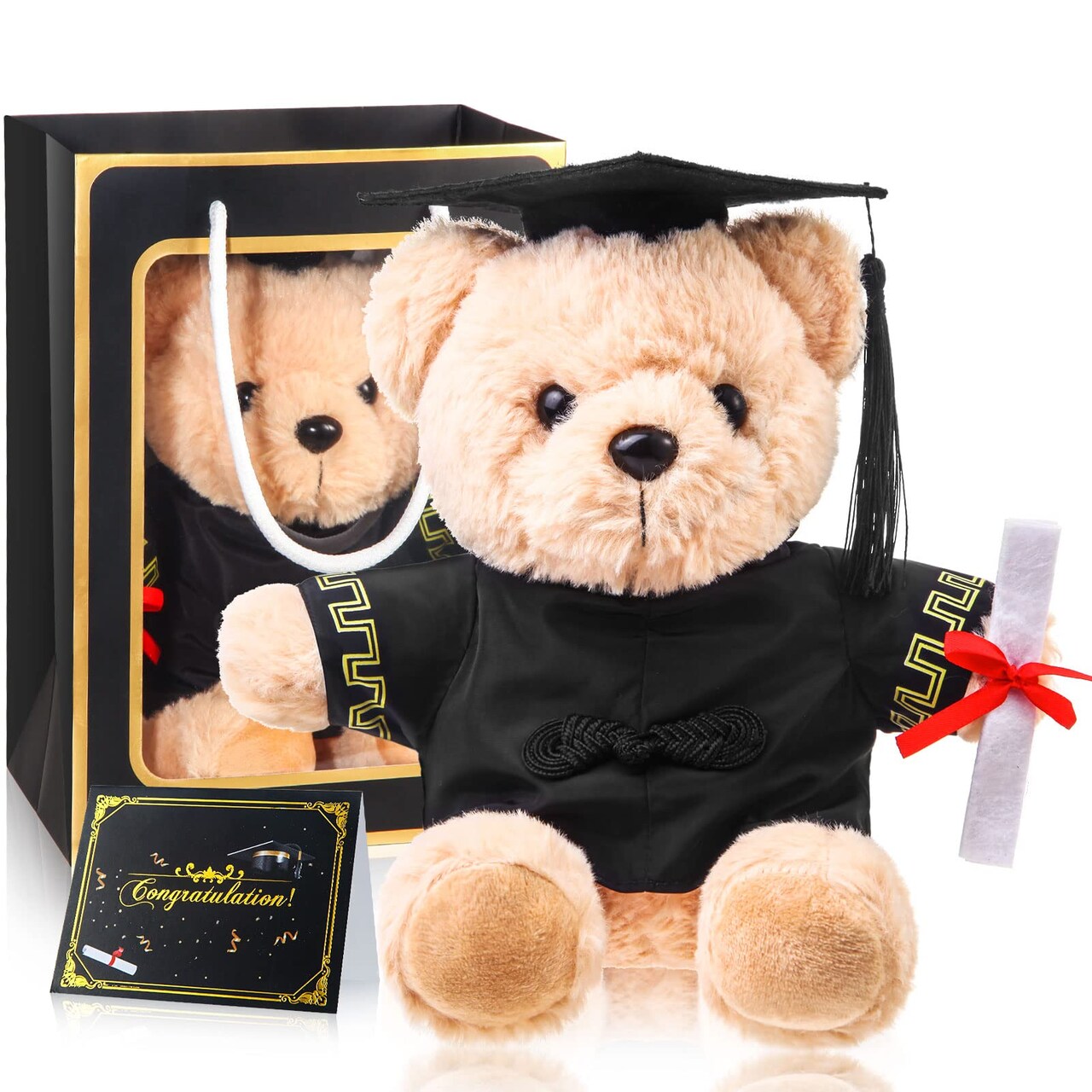 Bear with Graduation Cap Toys Class of 2026 Plush Stuffed Teddy Bear Animal Dog Cap and Gown with Greeting Card and Bag for Graduation Day Gift(Black)